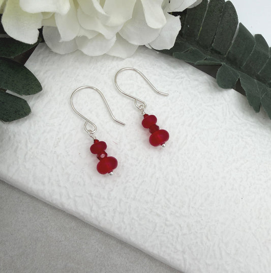 Earrings with Frosted Red Glass and Red Crystal on Sterling Silver Ear Wires HE-568