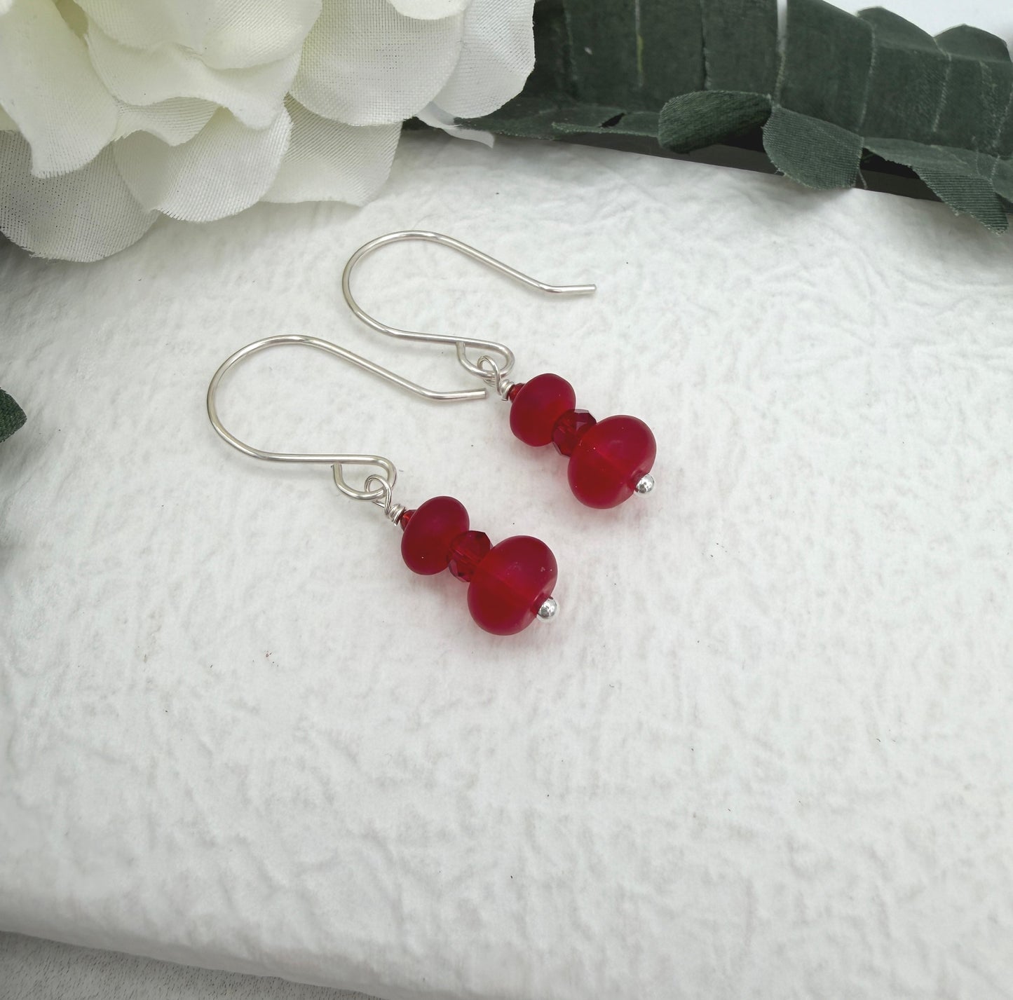 Earrings with Frosted Red Glass and Red Crystal on Sterling Silver Ear Wires HE-568