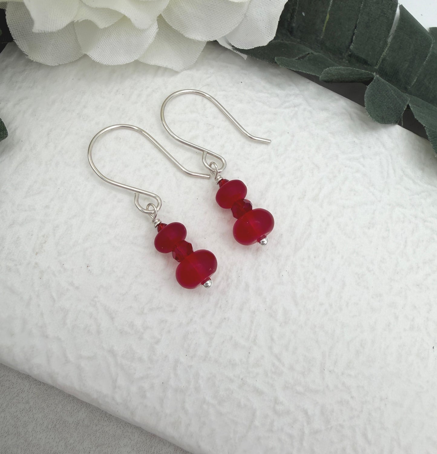 Earrings with Frosted Red Glass and Red Crystal on Sterling Silver Ear Wires HE-568