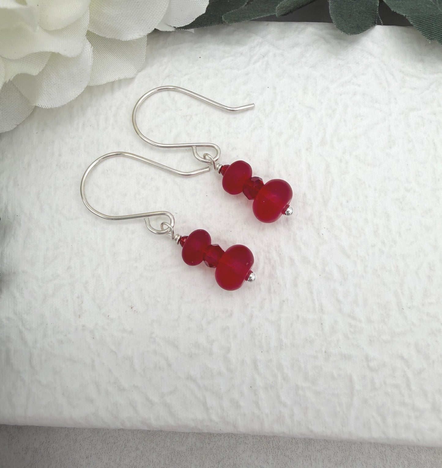 Earrings with Frosted Red Glass and Red Crystal on Sterling Silver Ear Wires HE-568