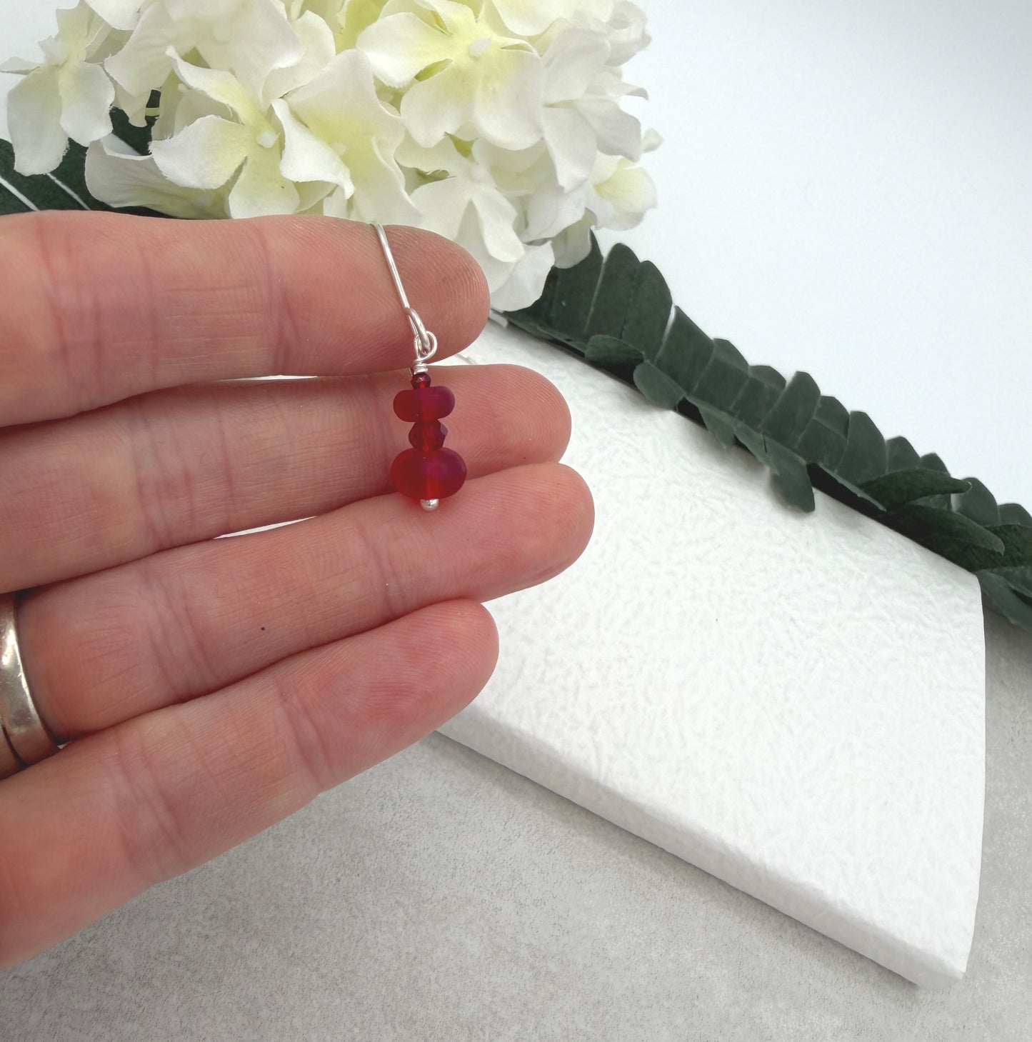Earrings with Frosted Red Glass and Red Crystal on Sterling Silver Ear Wires HE-568