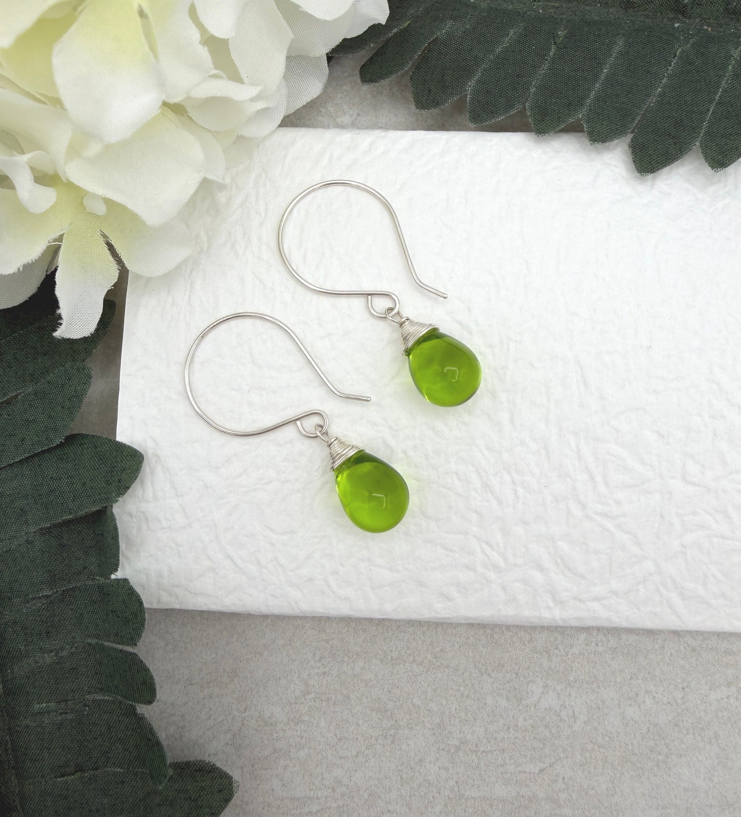 Earrings with Green Glass Teardrops on Sterling Silver Ear Wires HE-570