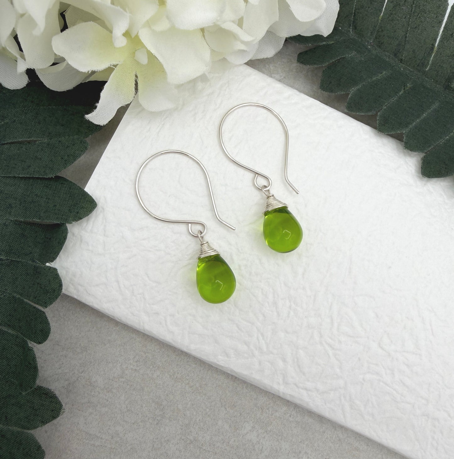Earrings with Green Glass Teardrops on Sterling Silver Ear Wires HE-570