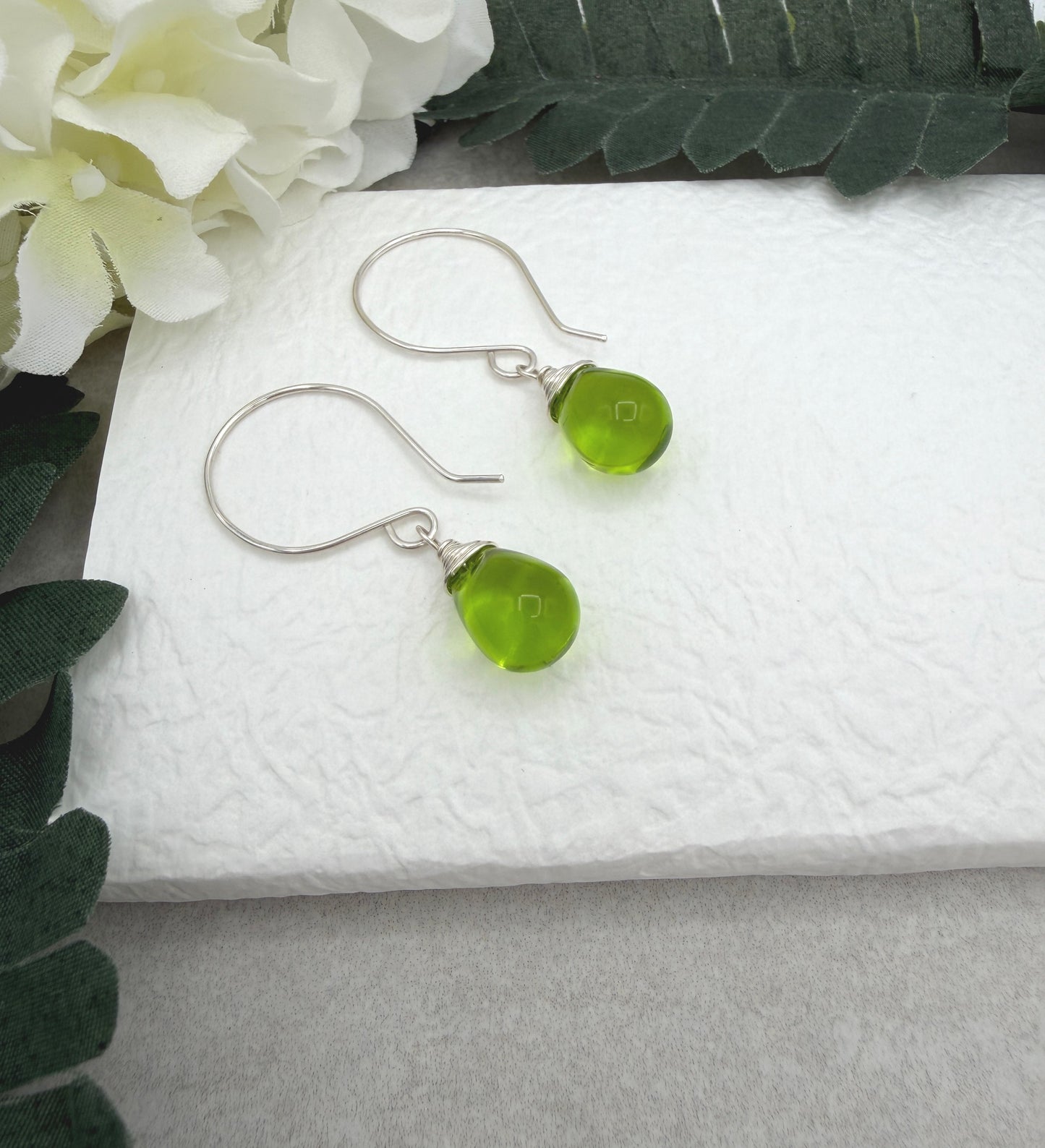Earrings with Green Glass Teardrops on Sterling Silver Ear Wires HE-570