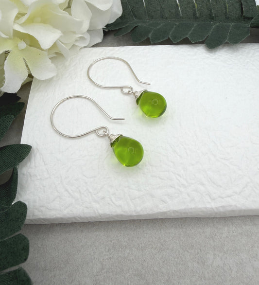 Earrings with Green Glass Teardrops on Sterling Silver Ear Wires HE-570