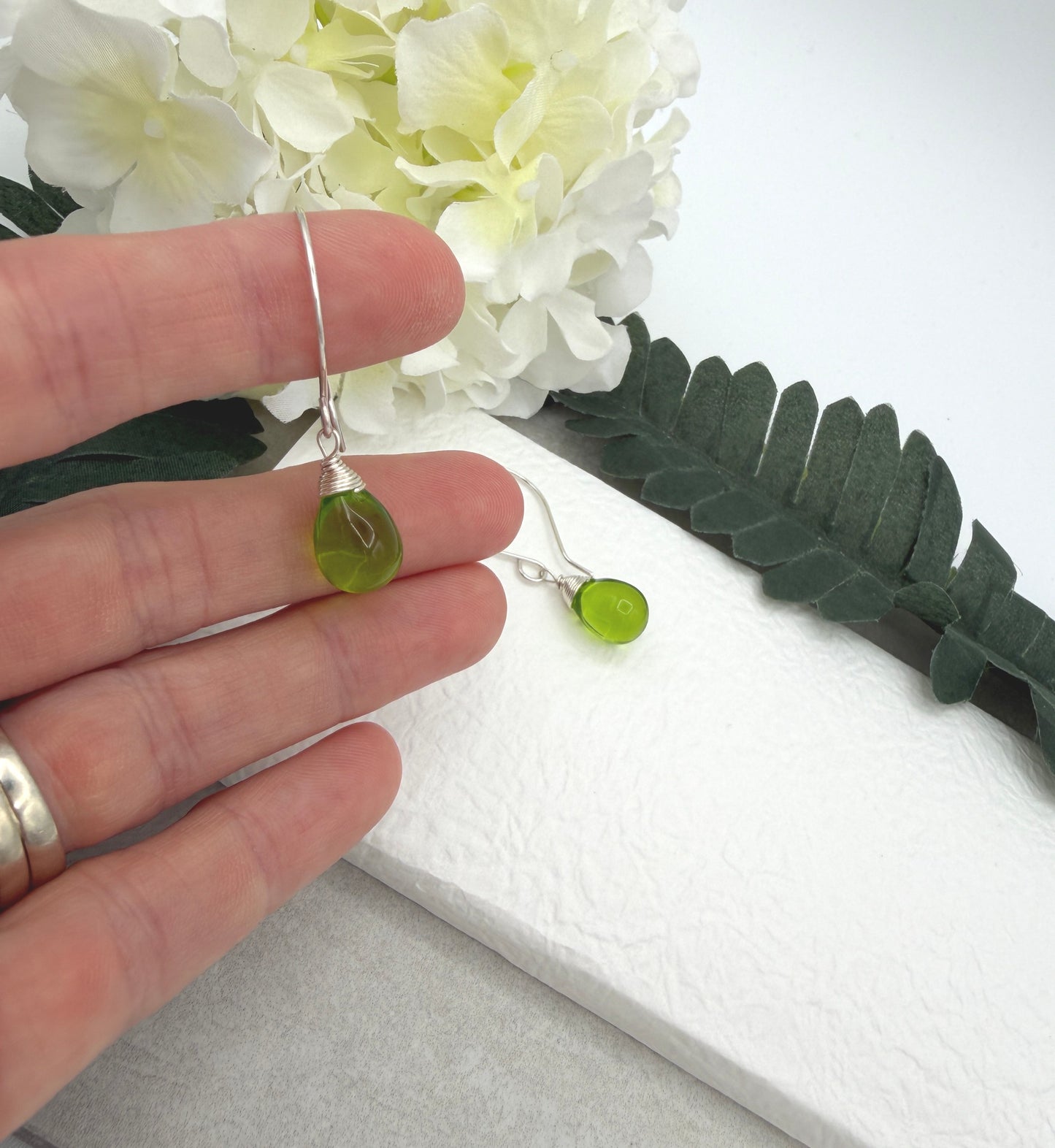 Earrings with Green Glass Teardrops on Sterling Silver Ear Wires HE-570