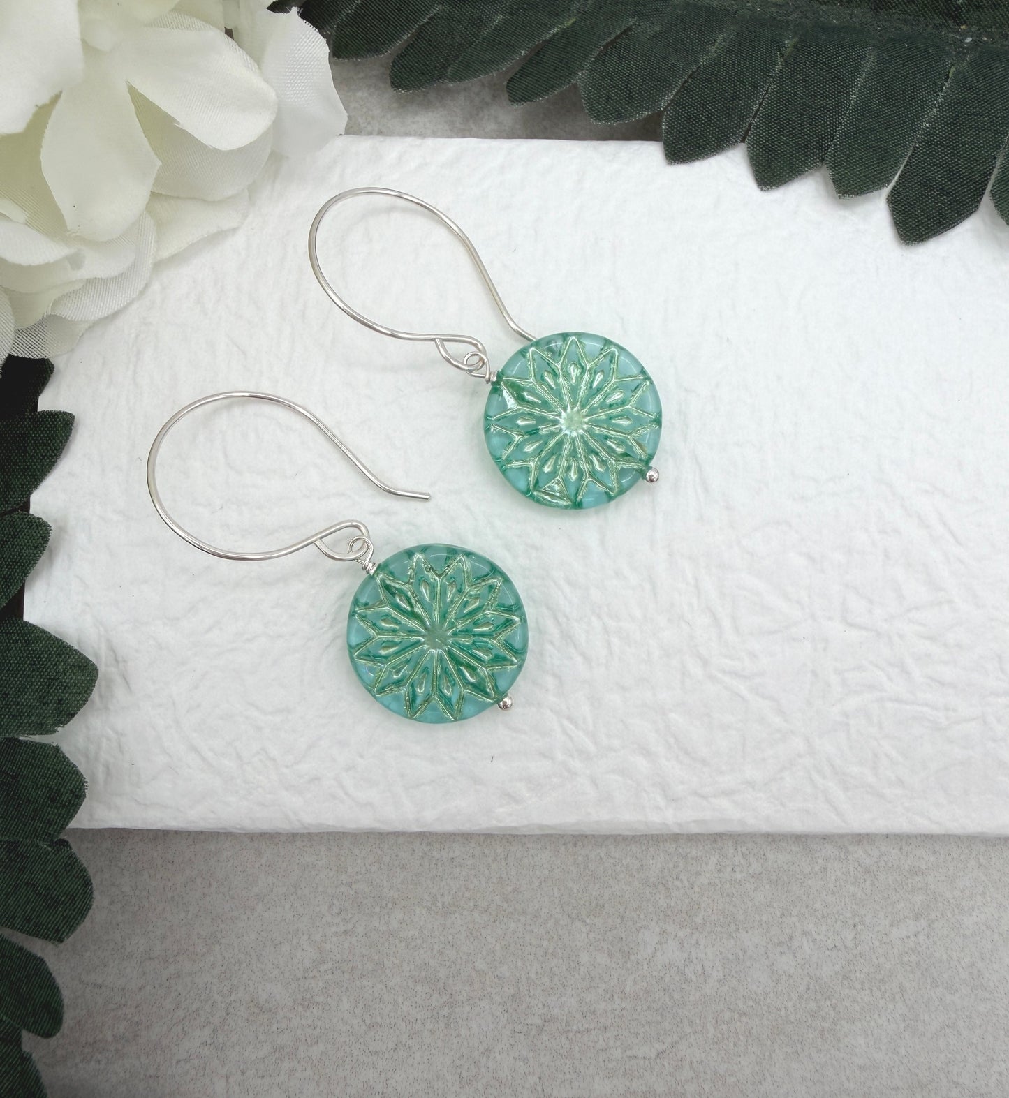 Earrings with Aqua and Silver Czech Glass Star Beads on Sterling Silver Ear Wires HE-572