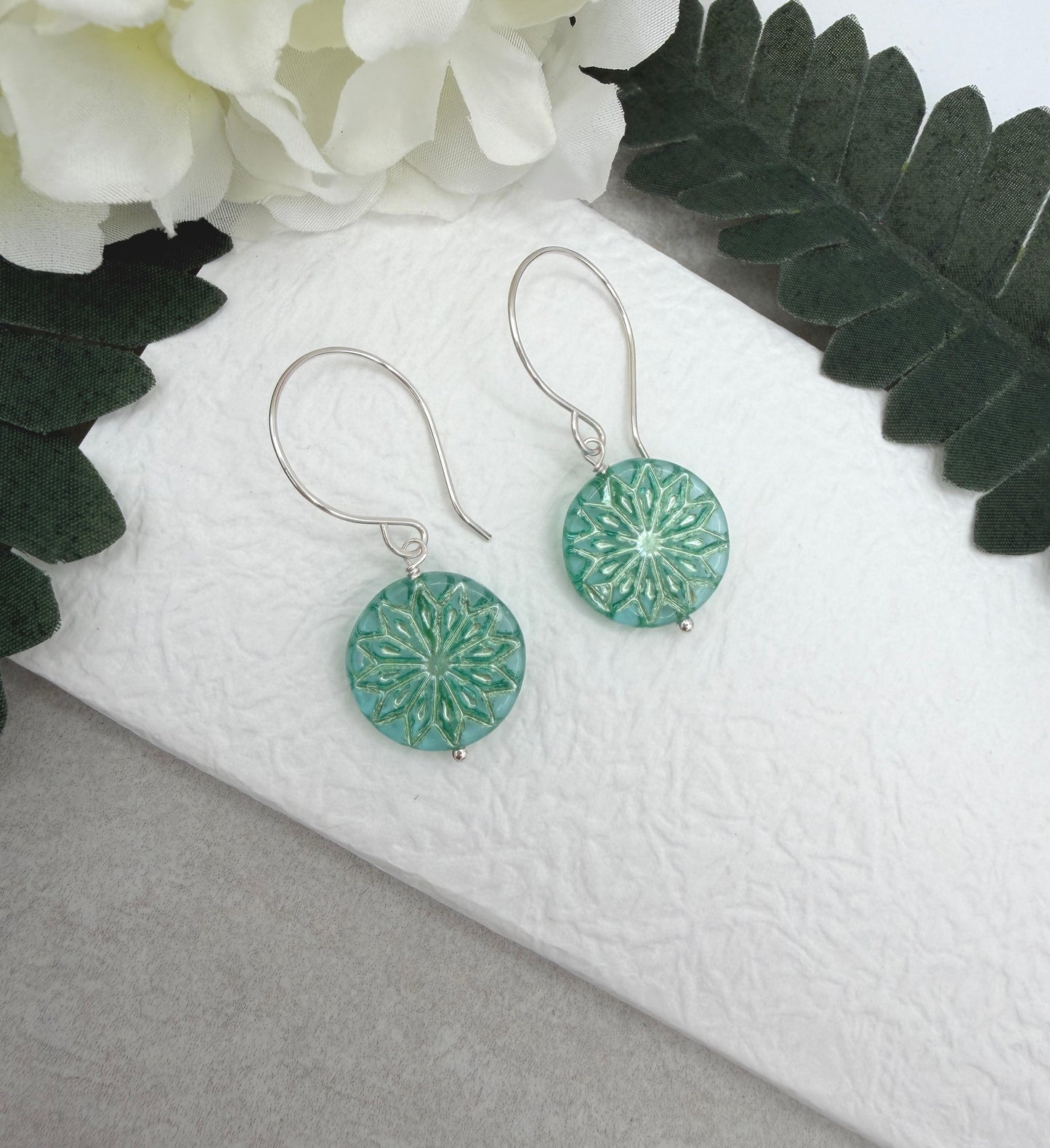 Earrings with Aqua and Silver Czech Glass Star Beads on Sterling Silver Ear Wires HE-572