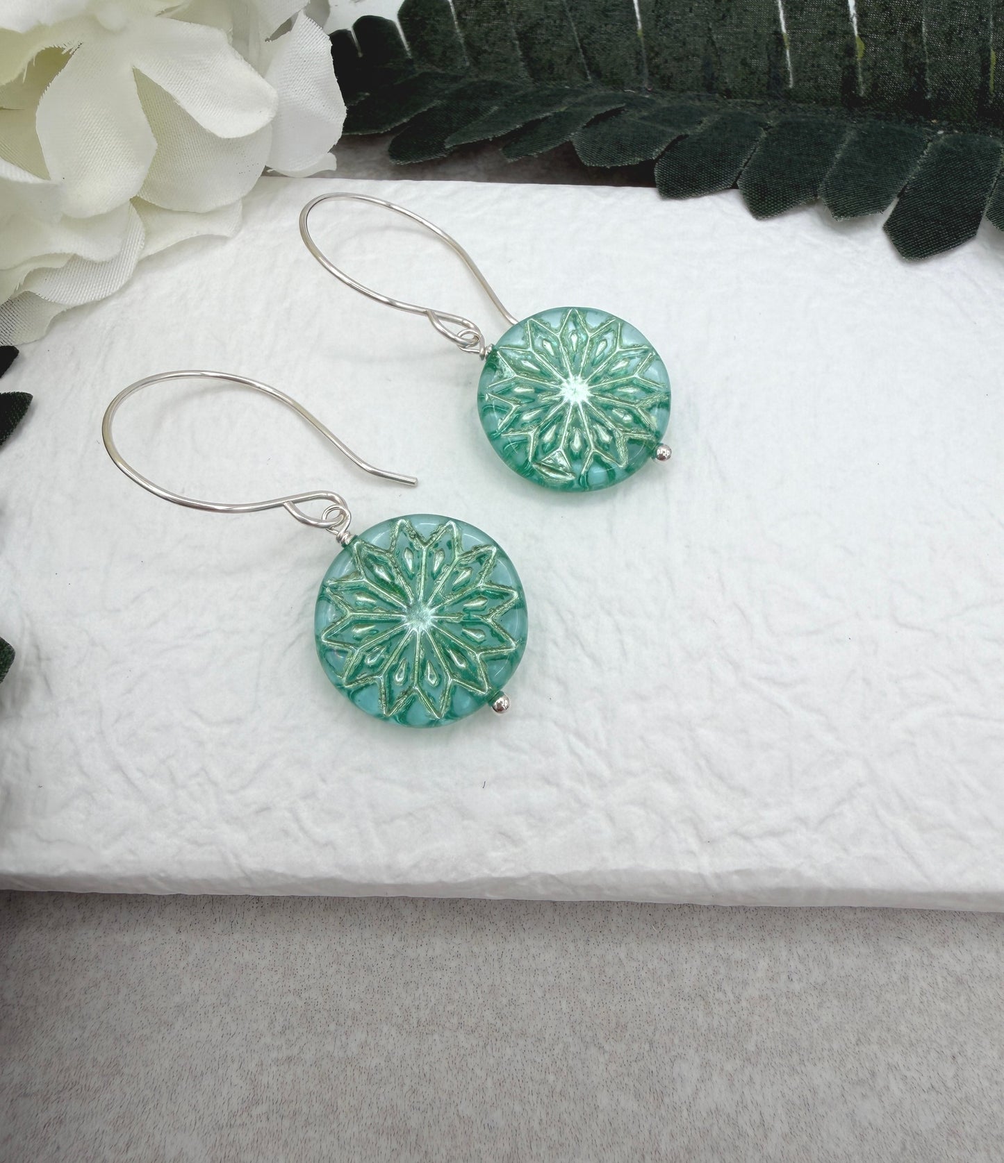 Earrings with Aqua and Silver Czech Glass Star Beads on Sterling Silver Ear Wires HE-572
