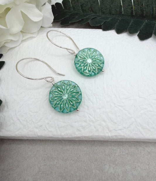 Earrings with Aqua and Silver Czech Glass Star Beads on Sterling Silver Ear Wires HE-572