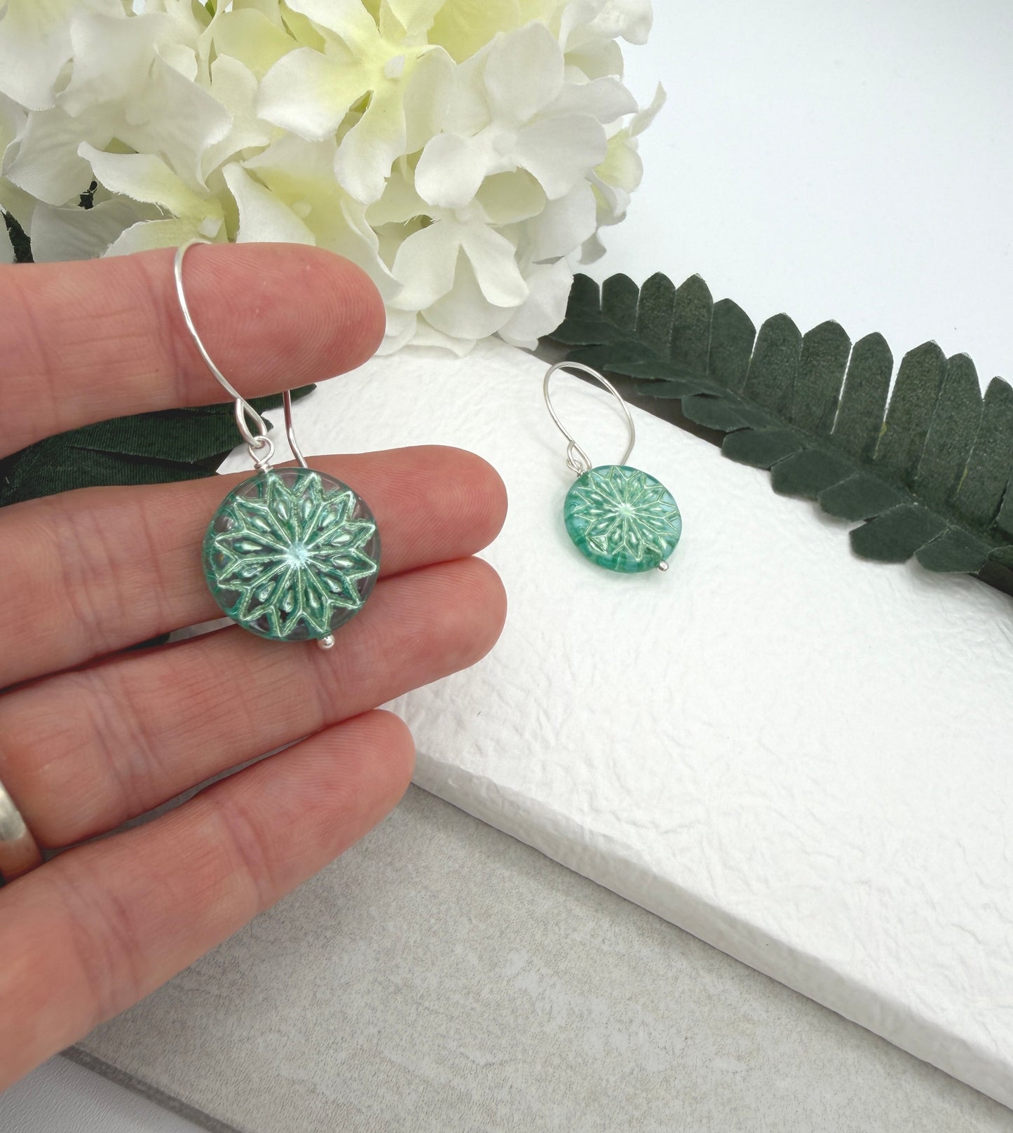 Earrings with Aqua and Silver Czech Glass Star Beads on Sterling Silver Ear Wires HE-572