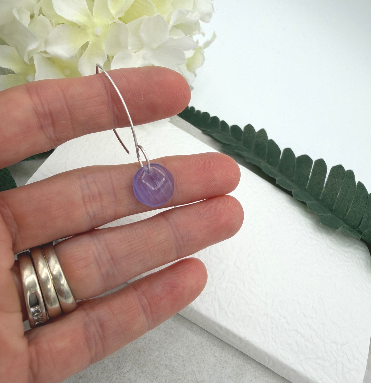 Earrings with Purple Glass Disc Beads on Sterling Silver Ear Wires HE-573