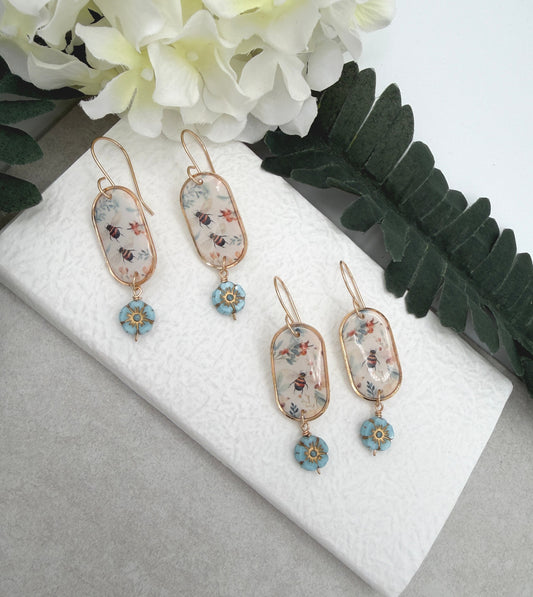Earrings Made with Polymer Clay with a Bee, Flower Design and Blue, Czech Glass Flowers PCE-1017