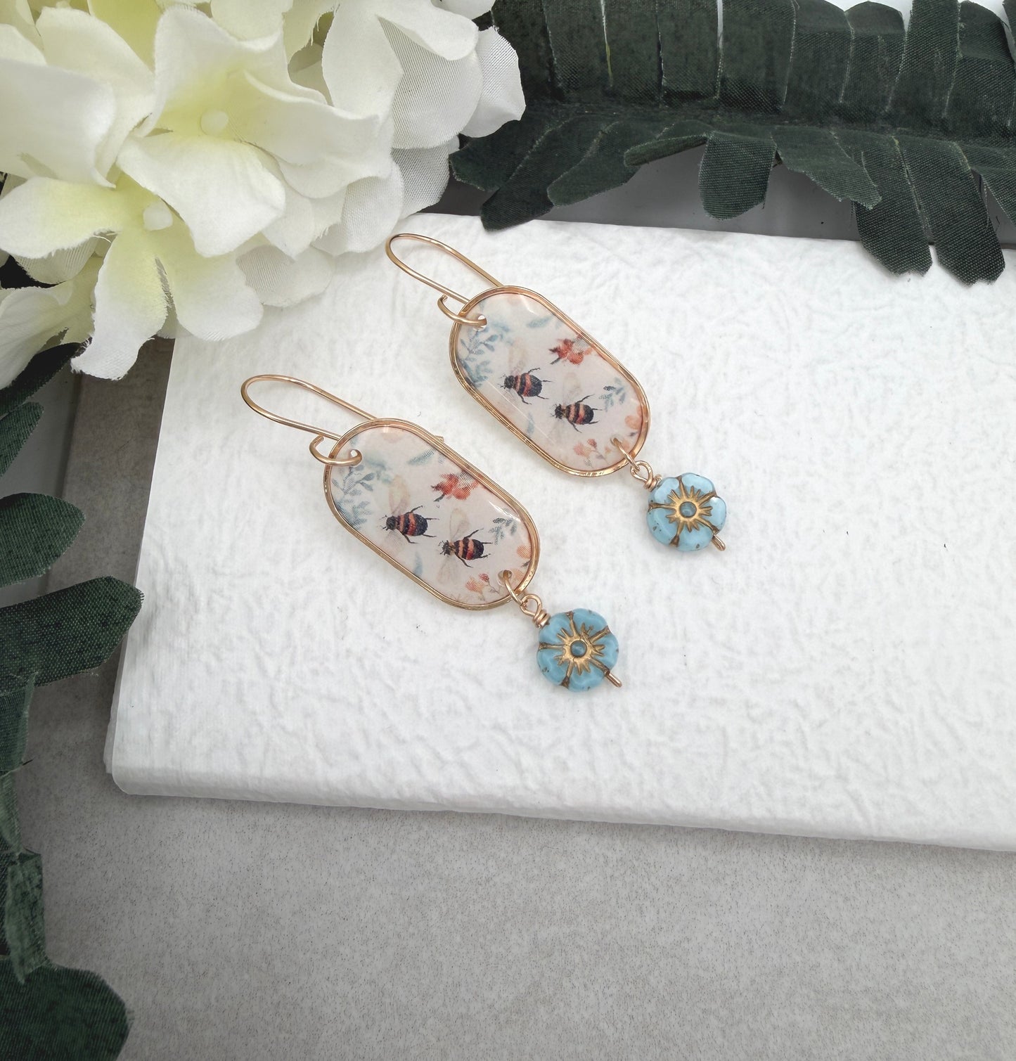 Earrings Made with Polymer Clay with a Bee, Flower Design and Blue, Czech Glass Flowers PCE-1017