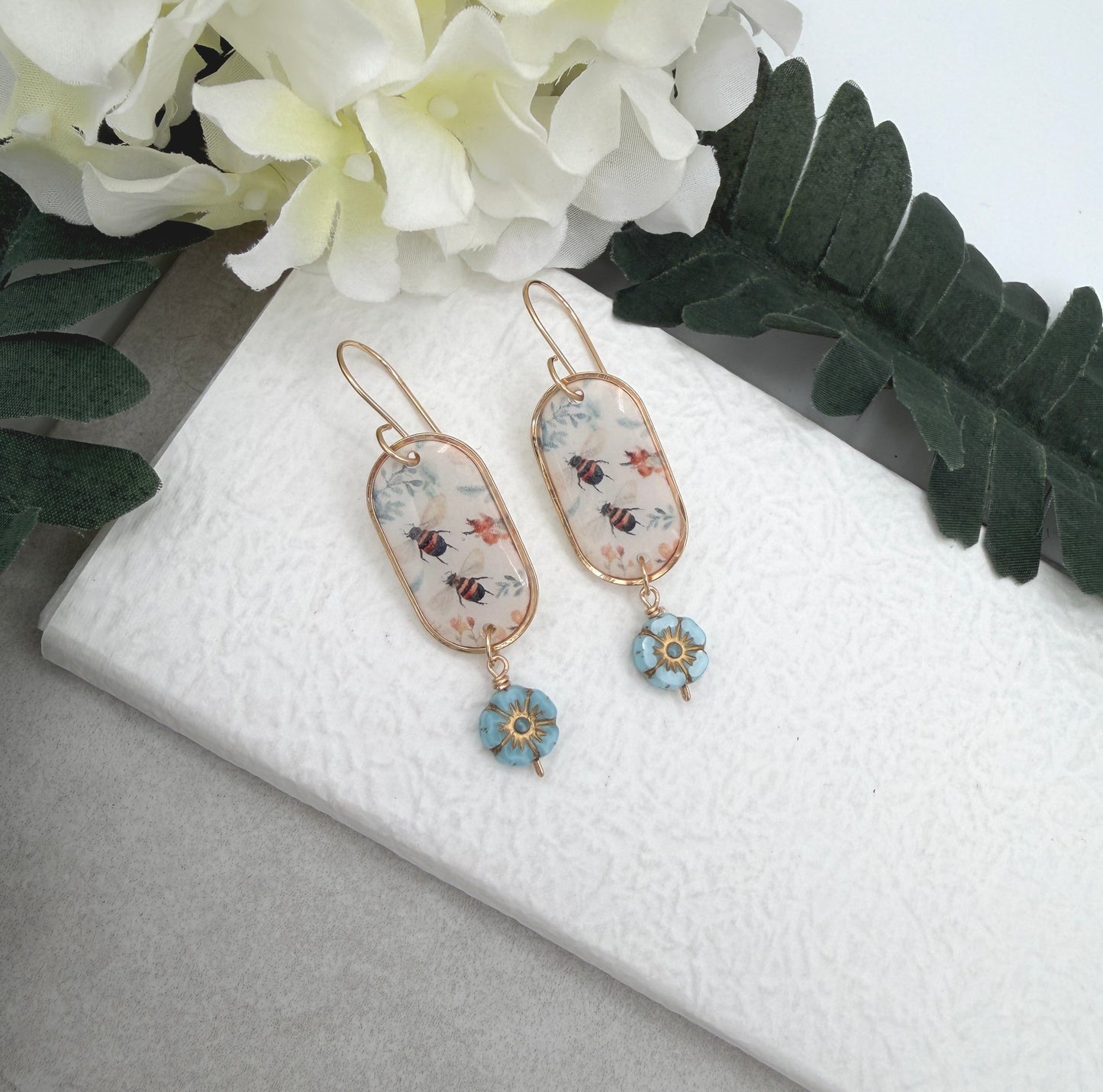 Earrings Made with Polymer Clay with a Bee, Flower Design and Blue, Czech Glass Flowers PCE-1017