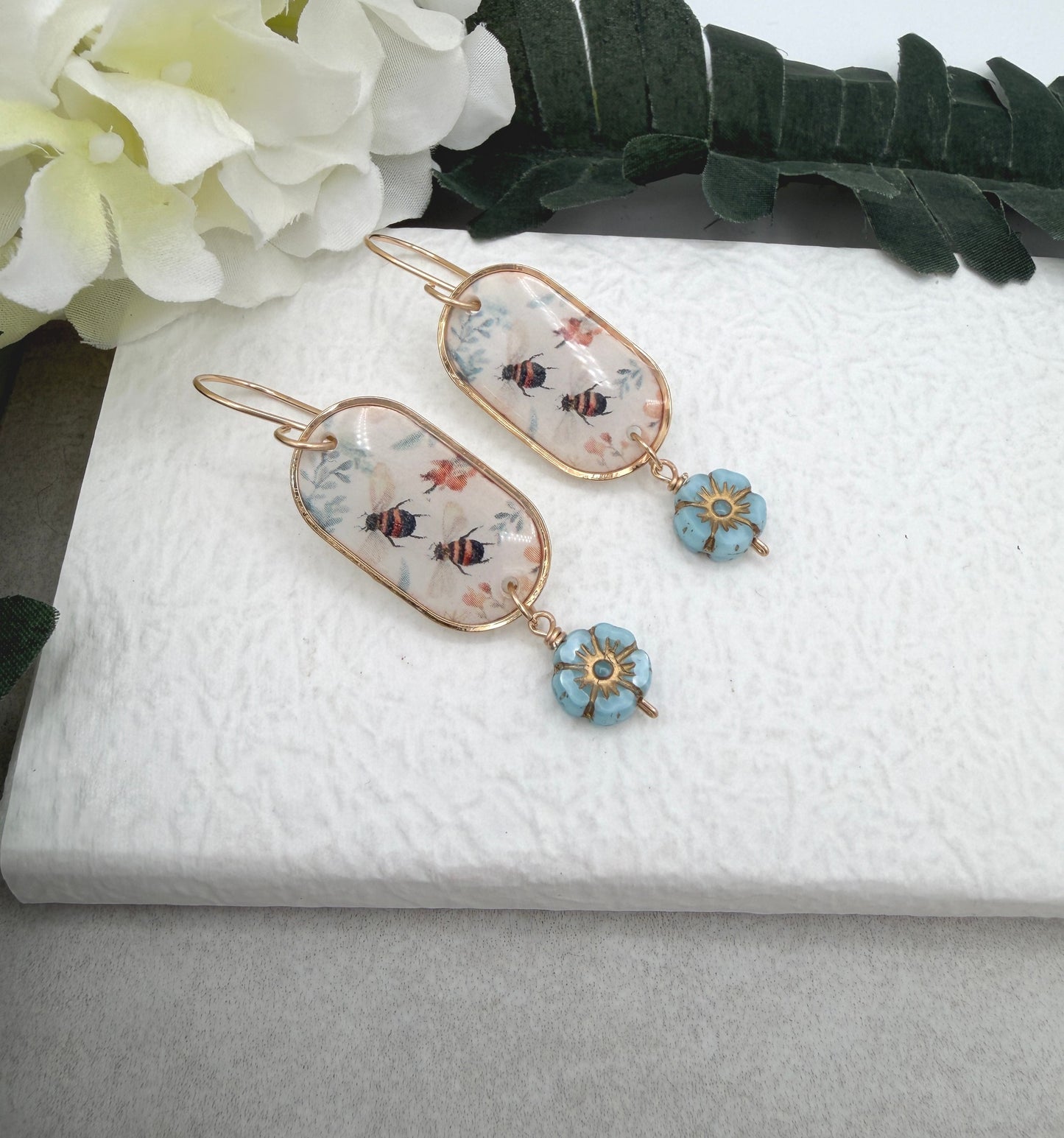 Earrings Made with Polymer Clay with a Bee, Flower Design and Blue, Czech Glass Flowers PCE-1017