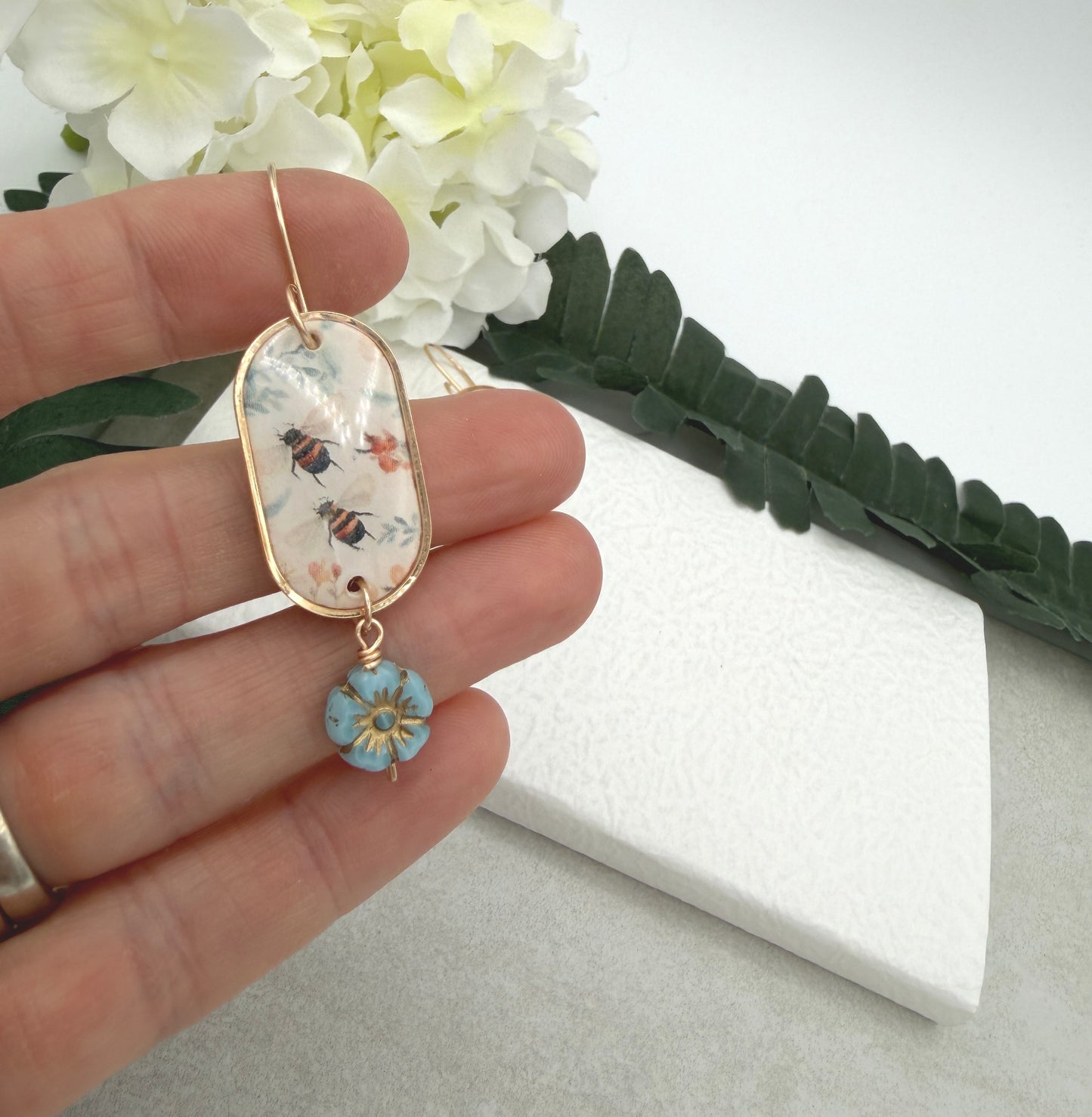 Earrings Made with Polymer Clay with a Bee, Flower Design and Blue, Czech Glass Flowers PCE-1017