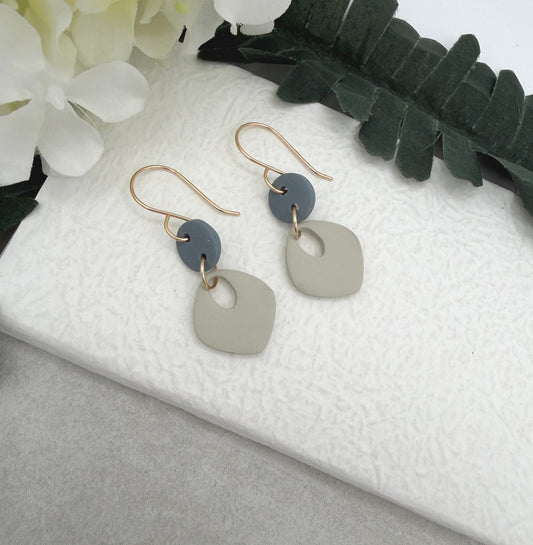 Earrings Made with Blue Polymer Clay Circles and Beige Polymer Clay Teardrops PCE-1024