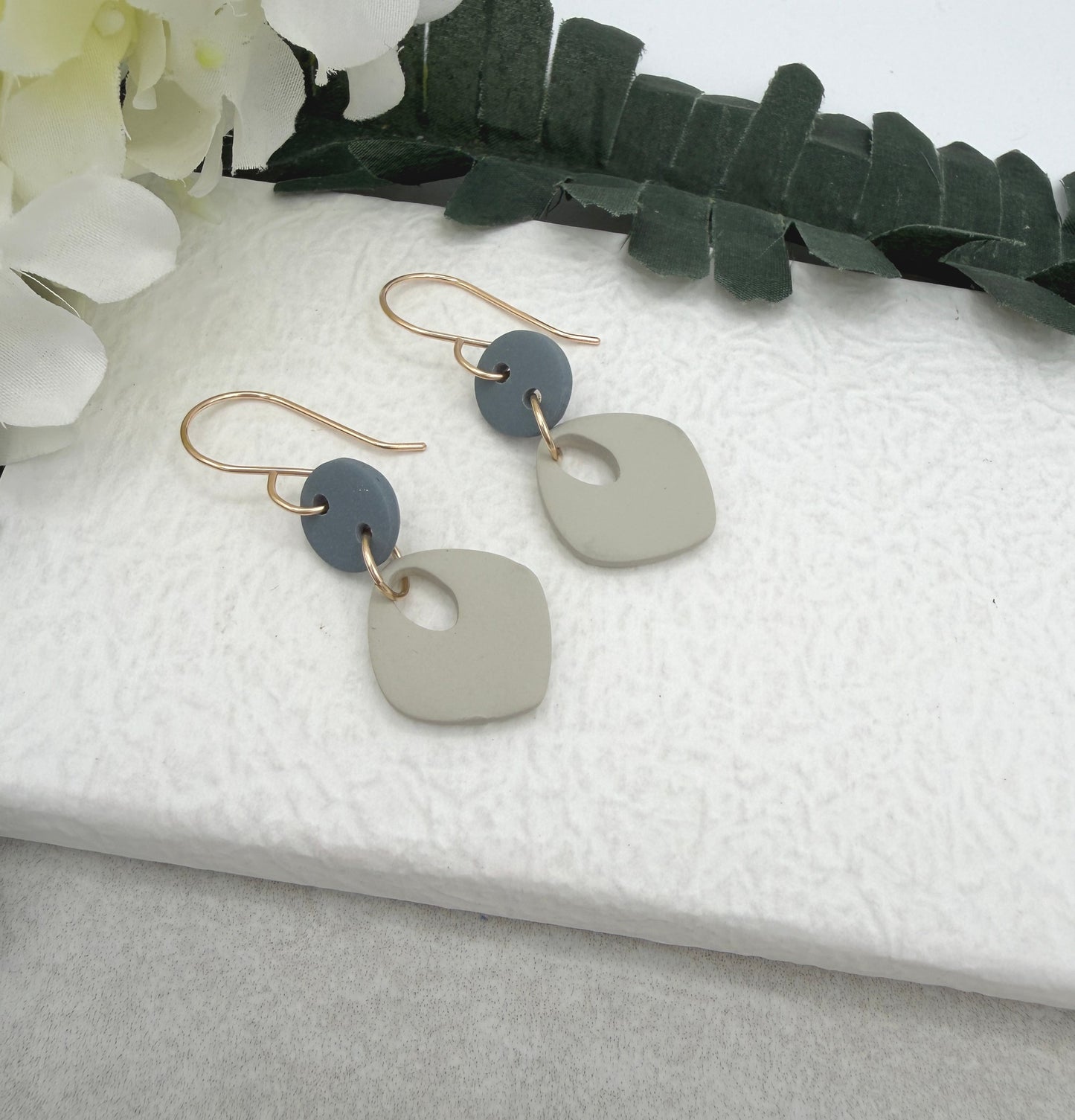 Earrings Made with Blue Polymer Clay Circles and Beige Polymer Clay Teardrops PCE-1024