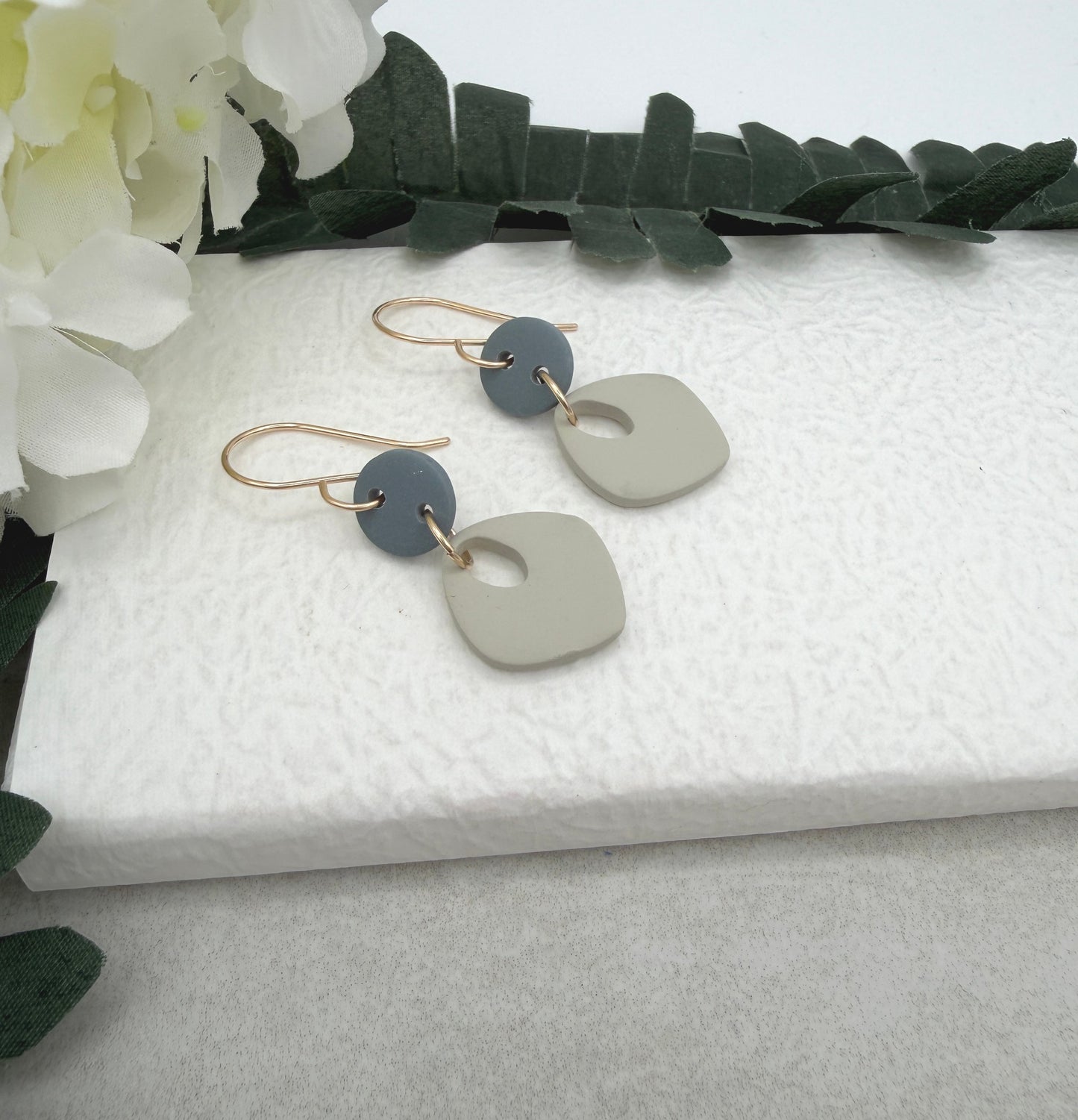 Earrings Made with Blue Polymer Clay Circles and Beige Polymer Clay Teardrops PCE-1024