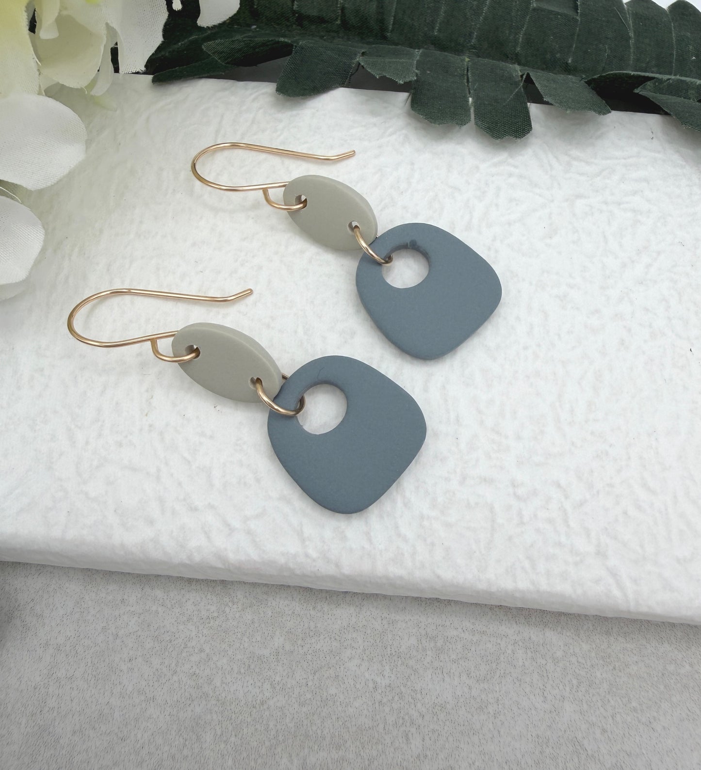 Earrings Made with Beige Polymer Clay Ovals and Blue Polymer Clay Squares PCE-1025