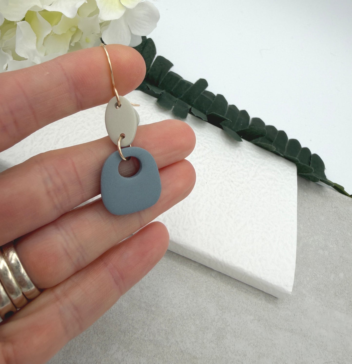 Earrings Made with Beige Polymer Clay Ovals and Blue Polymer Clay Squares PCE-1025