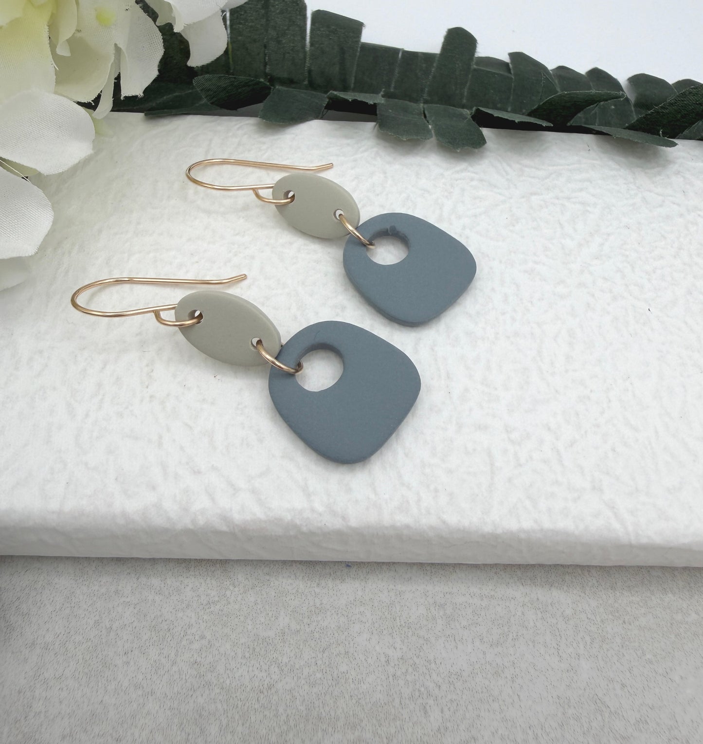 Earrings Made with Beige Polymer Clay Ovals and Blue Polymer Clay Squares PCE-1025