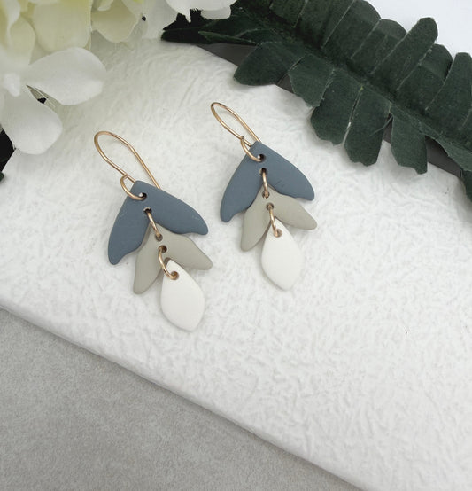 Earrings Made with Beige, Blue and White Polymer Clay Petals PCE-1026