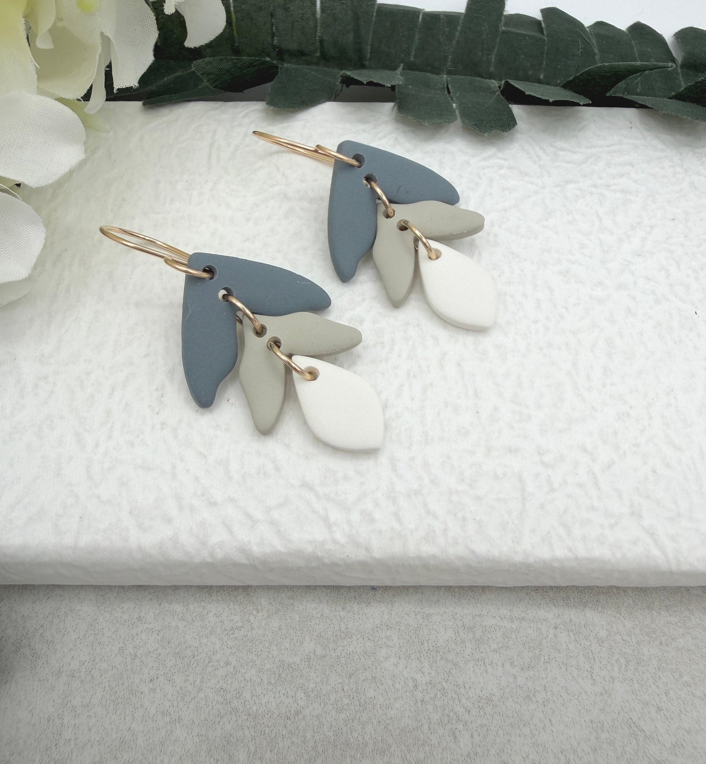 Earrings Made with Beige, Blue and White Polymer Clay Petals PCE-1026
