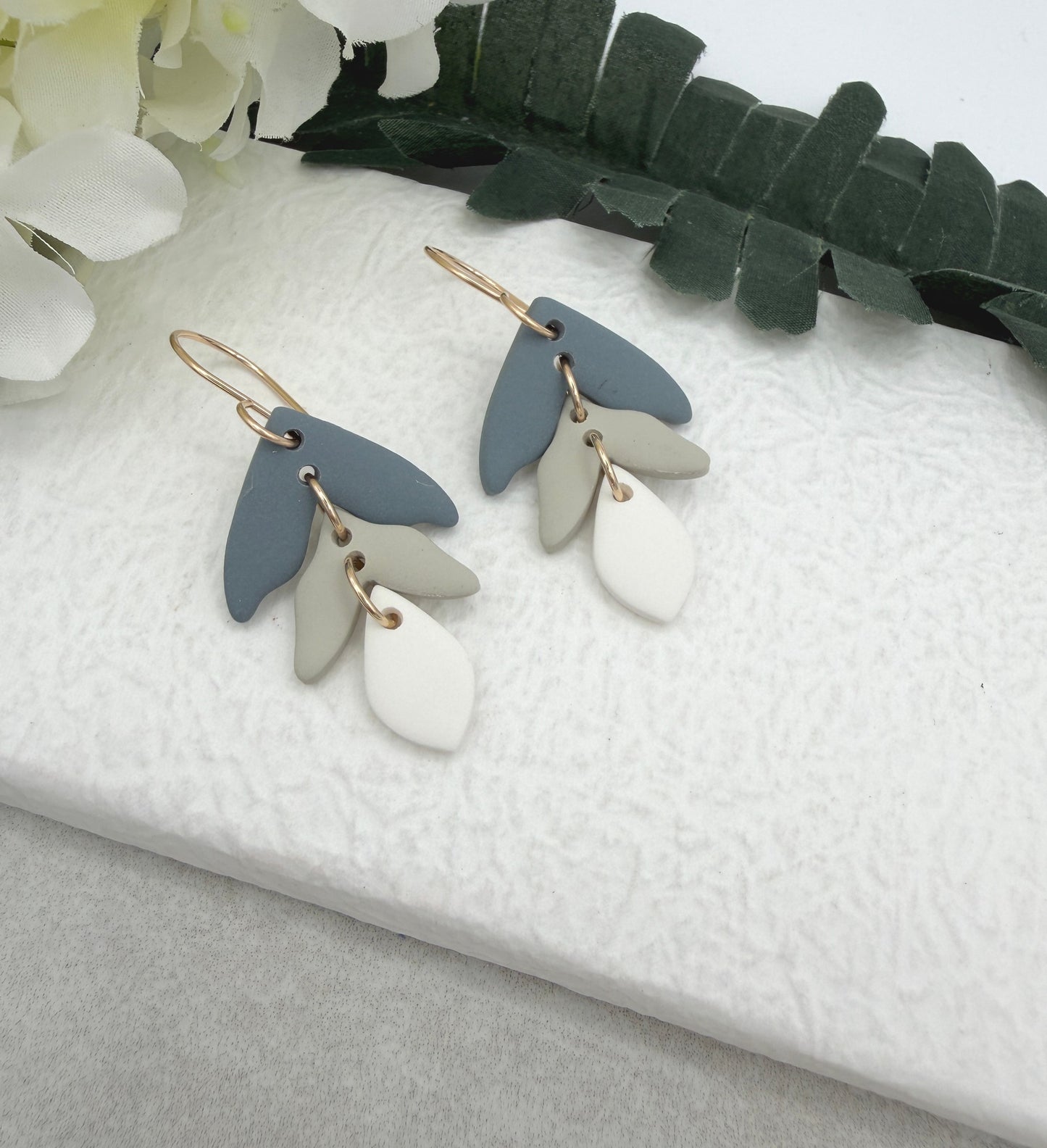 Earrings Made with Beige, Blue and White Polymer Clay Petals PCE-1026