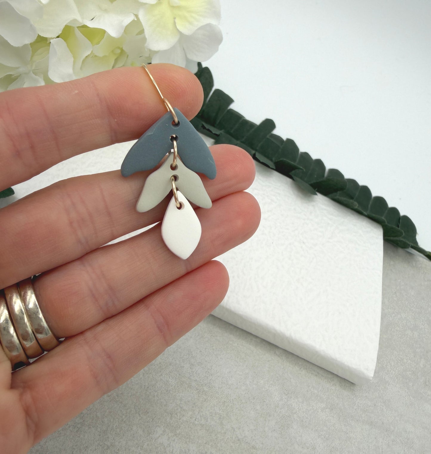 Earrings Made with Beige, Blue and White Polymer Clay Petals PCE-1026