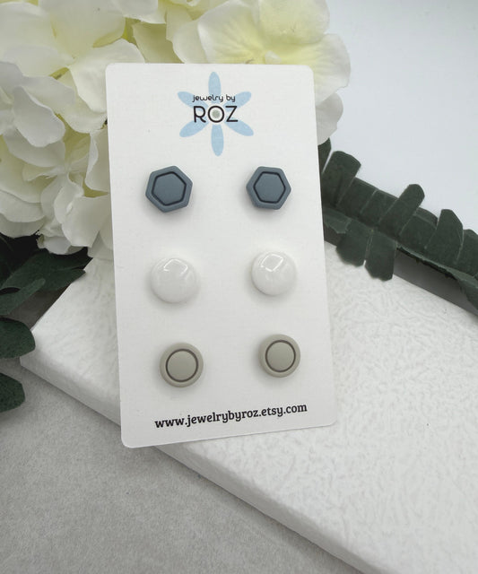 Stud Earrings Made with Blue, White, and Beige Polymer Clay with Sterling Silver Posts PCE-1027