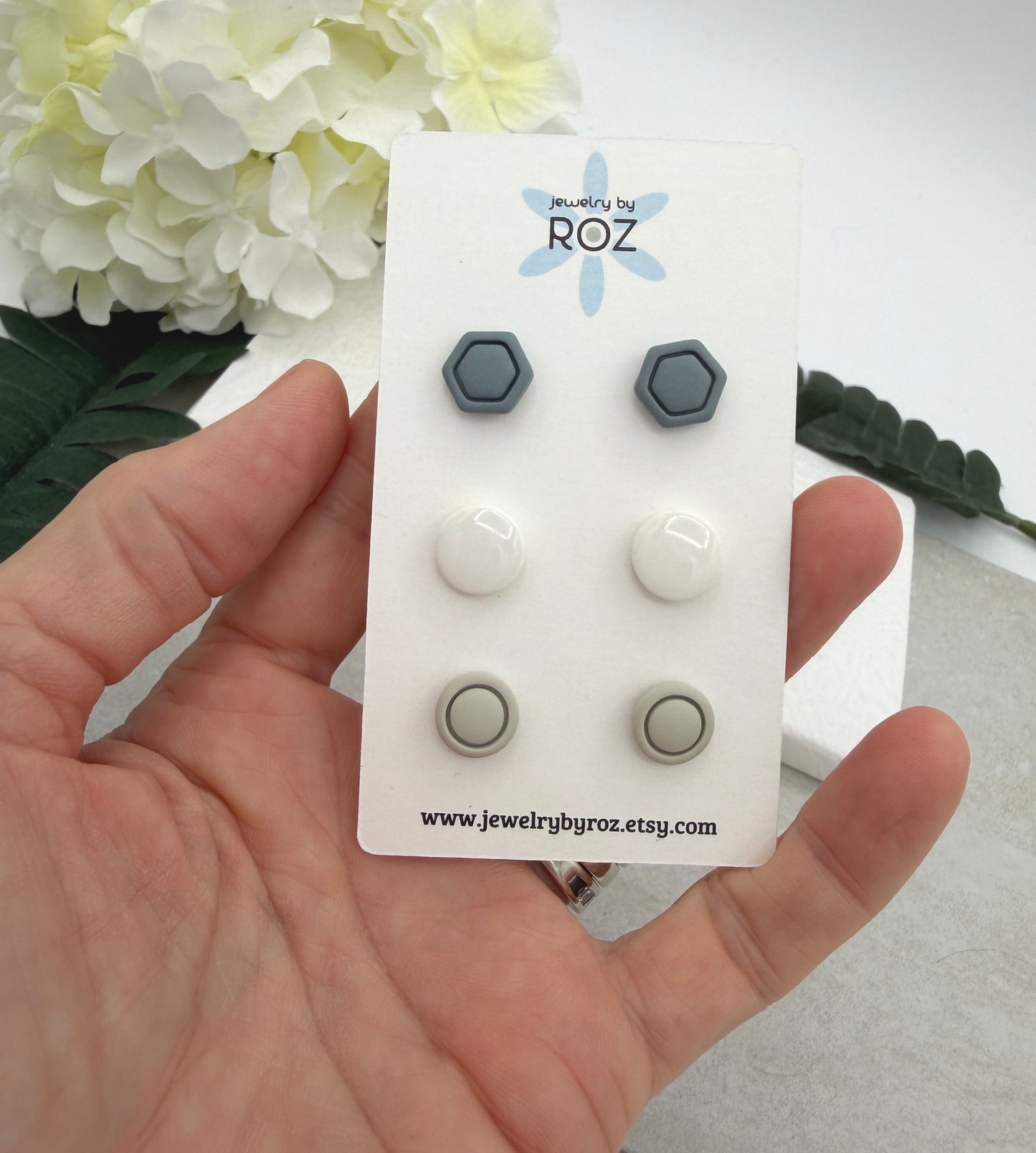 Stud Earrings Made with Blue, White, and Beige Polymer Clay with Sterling Silver Posts PCE-1027