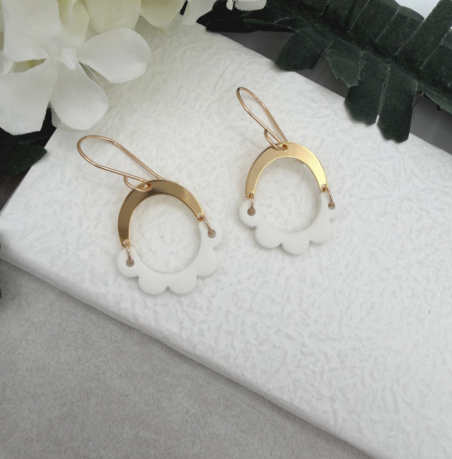 Earrings Made with Gold Plated Arches and White Half Circle Petals PCE-1031