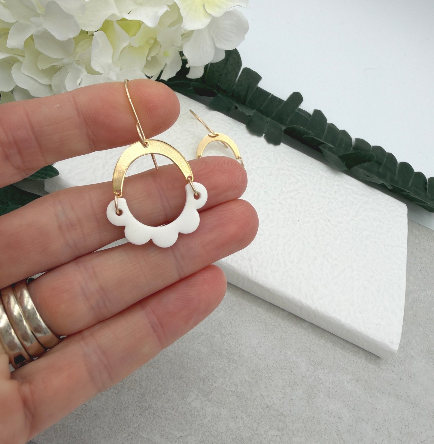 Earrings Made with Gold Plated Arches and White Half Circle Petals PCE-1031