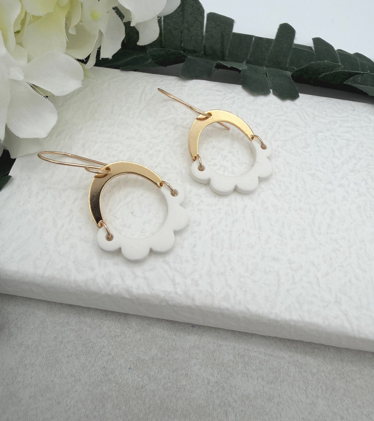 Earrings Made with Gold Plated Arches and White Half Circle Petals PCE-1031