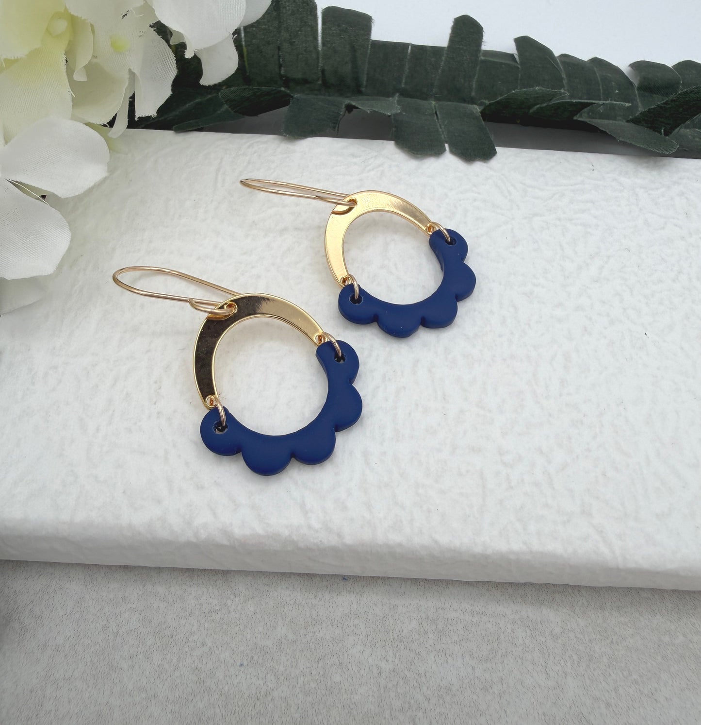 Earrings Made with Gold Plated Arches and Navy Half Circle Petals PCE-1032