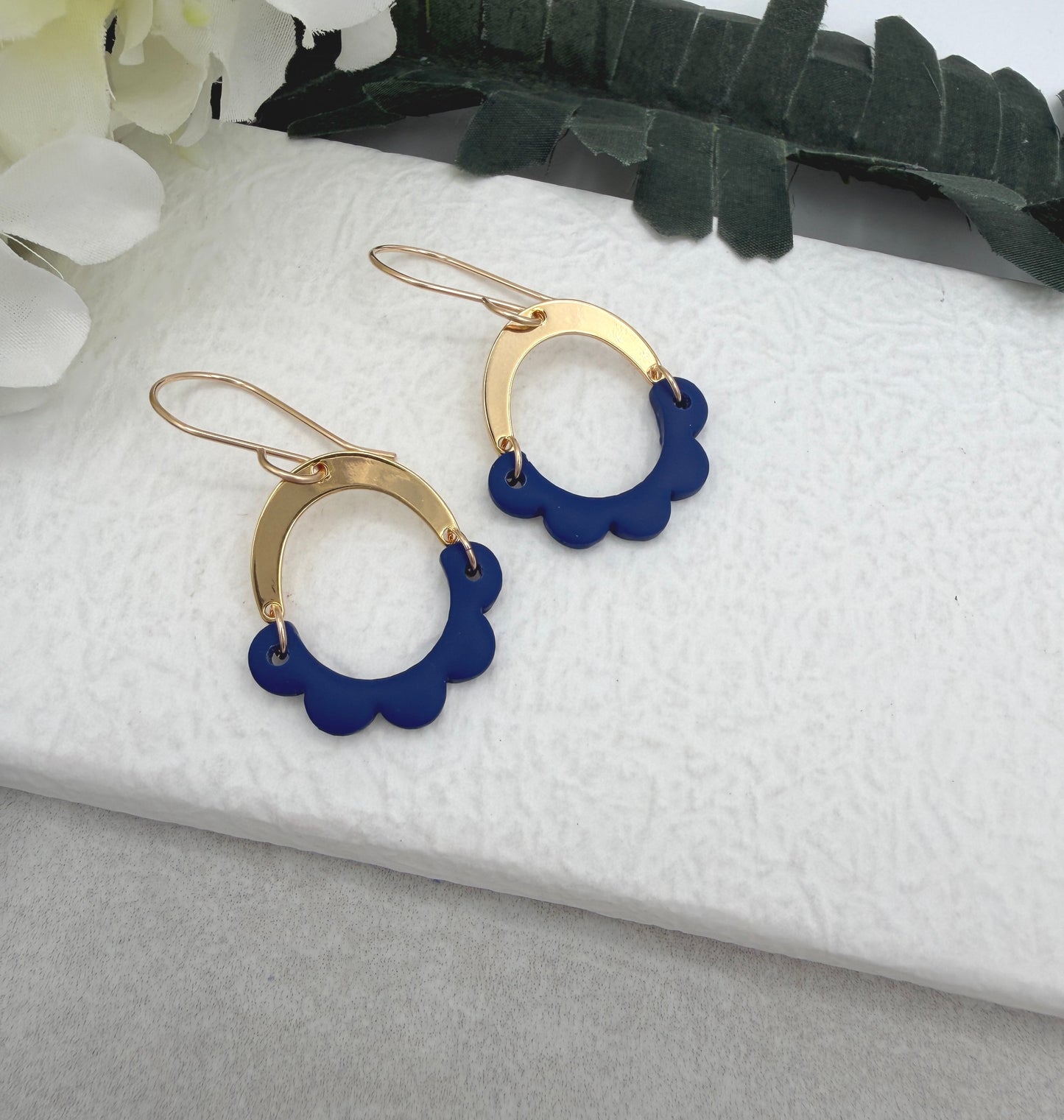 Earrings Made with Gold Plated Arches and Navy Half Circle Petals PCE-1032