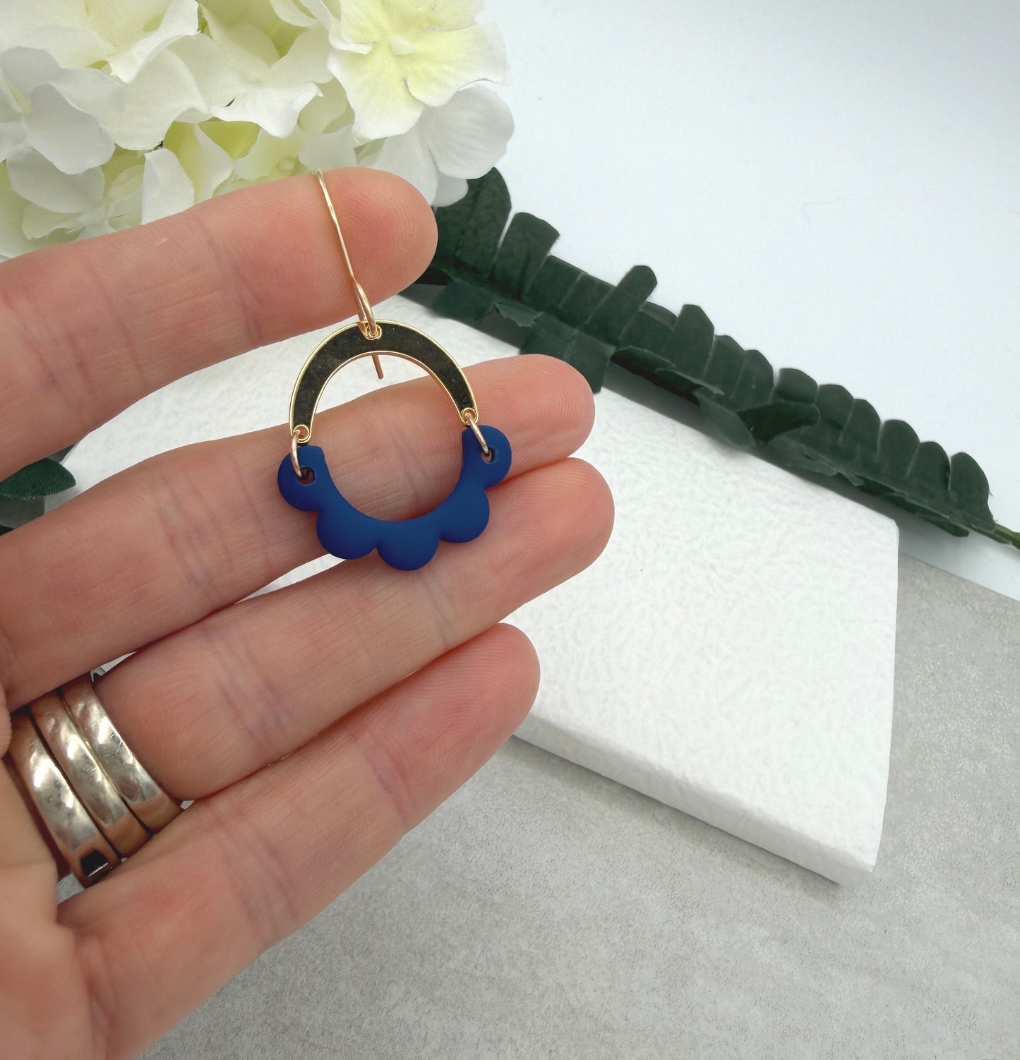 Earrings Made with Gold Plated Arches and Navy Half Circle Petals PCE-1032