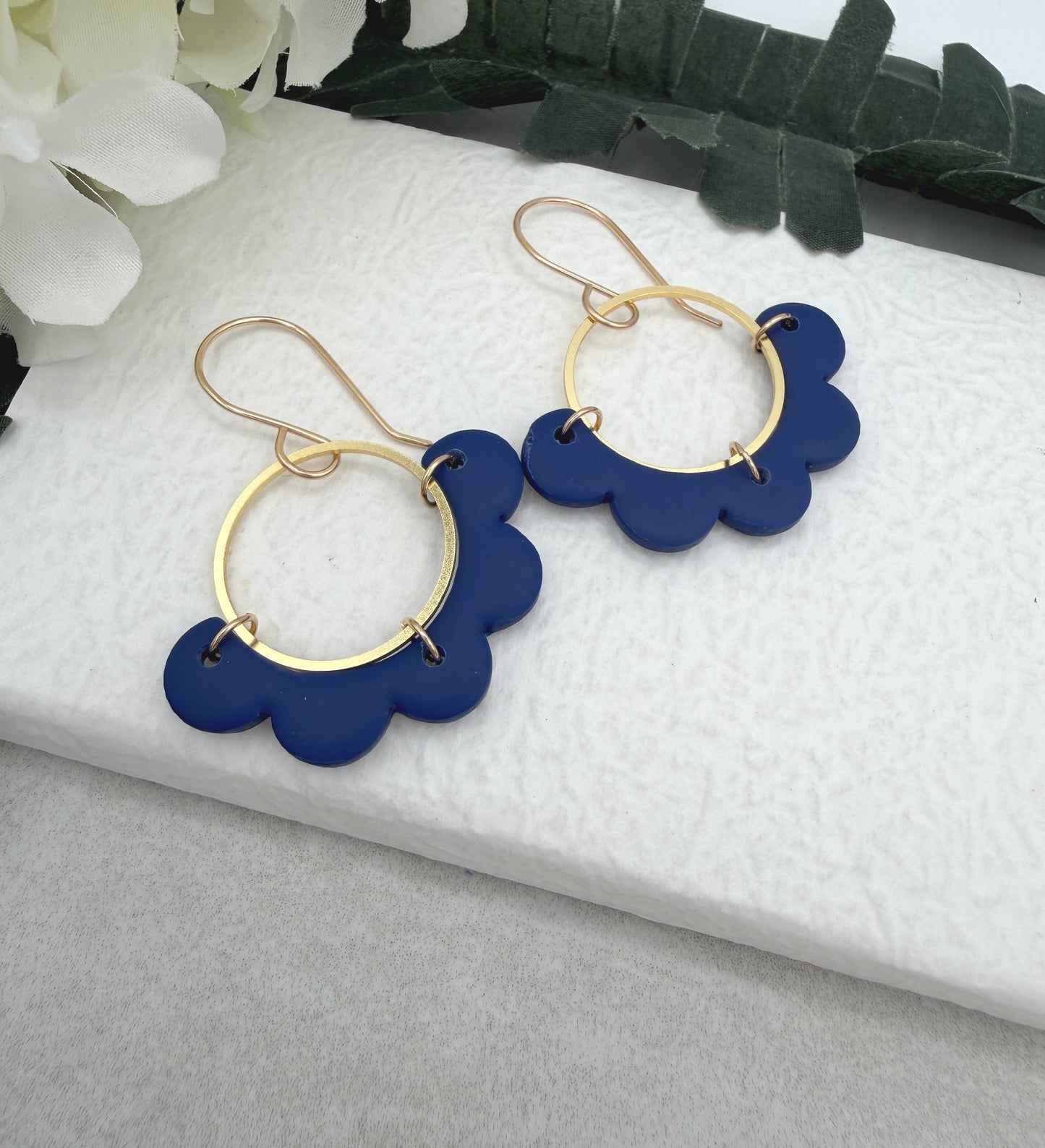 Earrings Made with Gold Plated Loops and Navy Half Circle Petals PCE-1033