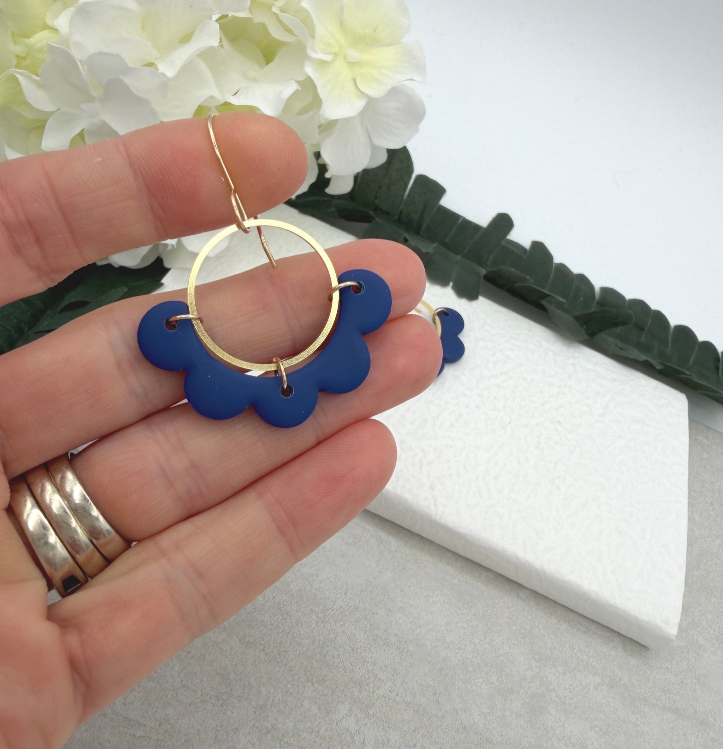 Earrings Made with Gold Plated Loops and Navy Half Circle Petals PCE-1033