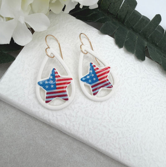 Earrings Made with White Polymer Clay Lined, Teardrop Frames with American Flag Stars PCE-1037
