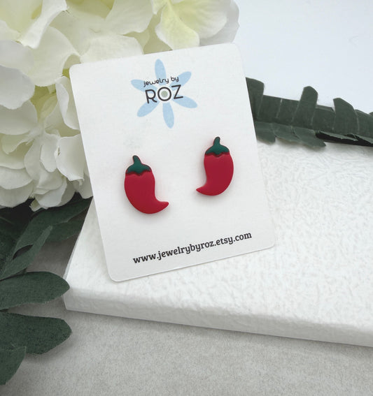 Stud Earrings Made with Red Polymer Clay Hot Peppers and Sterling Silver Posts PCE-1038