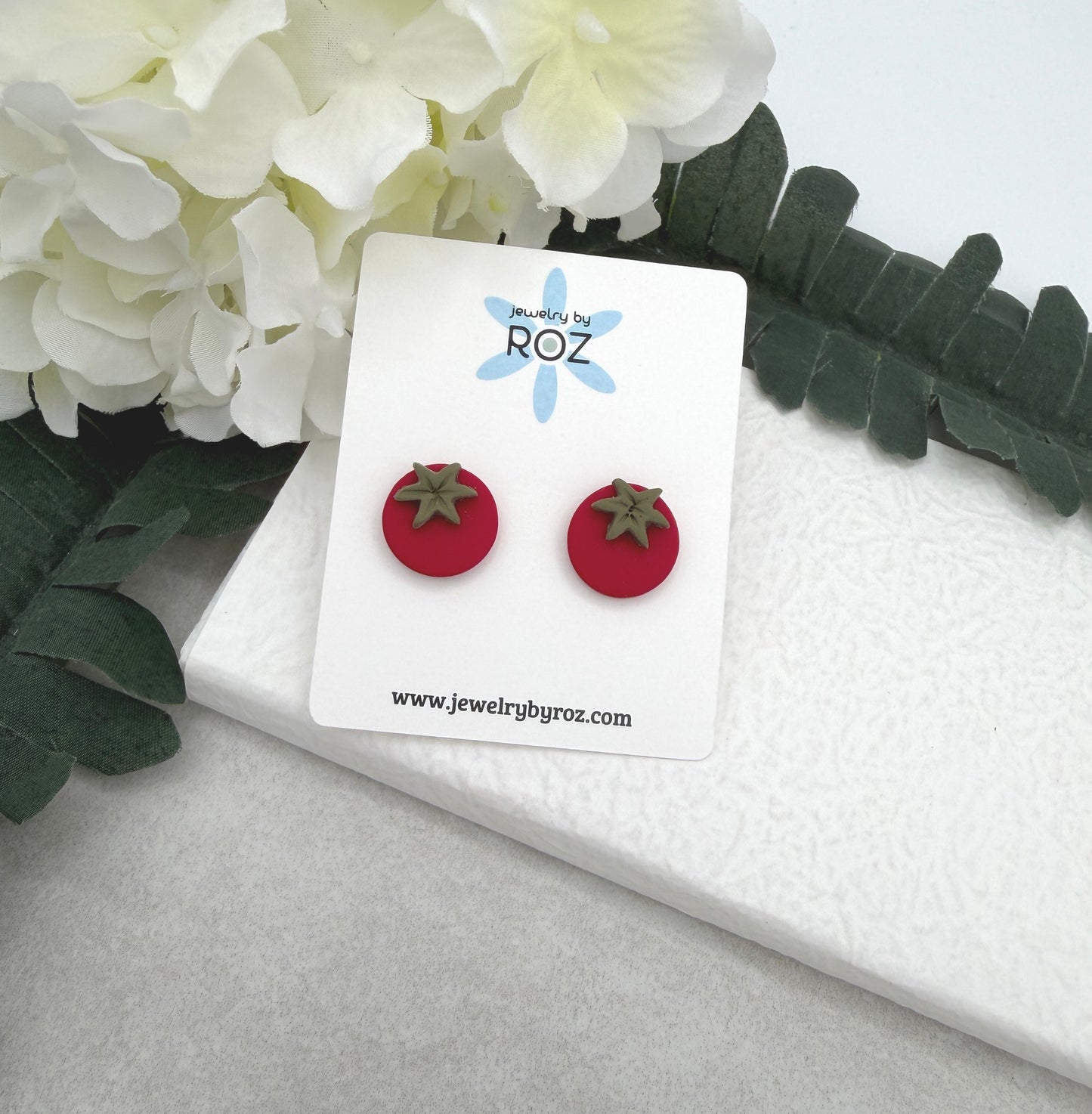Stud Earrings Made with Red Polymer Clay Cherry Tomatoes and Sterling Silver Posts PCE-1039