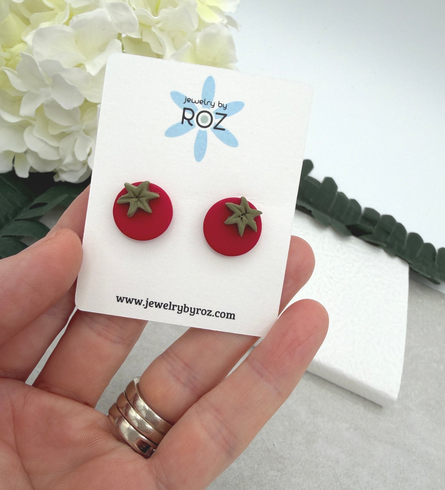 Stud Earrings Made with Red Polymer Clay Cherry Tomatoes and Sterling Silver Posts PCE-1039
