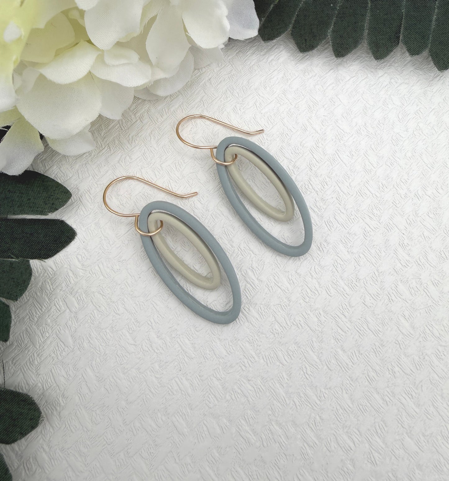 Earrings Made with Blue and Green Polymer Clay Shaped into Oval Frames PCE-1044