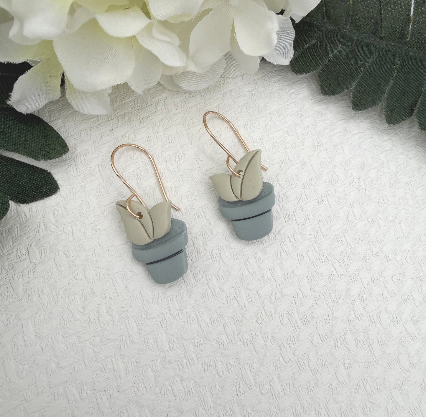 Earrings Made with Blue and Green Polymer Clay Shaped into Potted Plants PCE-1045