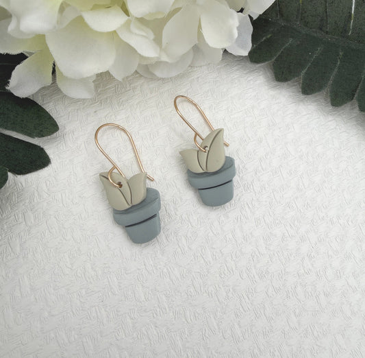 Earrings Made with Blue and Green Polymer Clay Shaped into Potted Plants PCE-1045