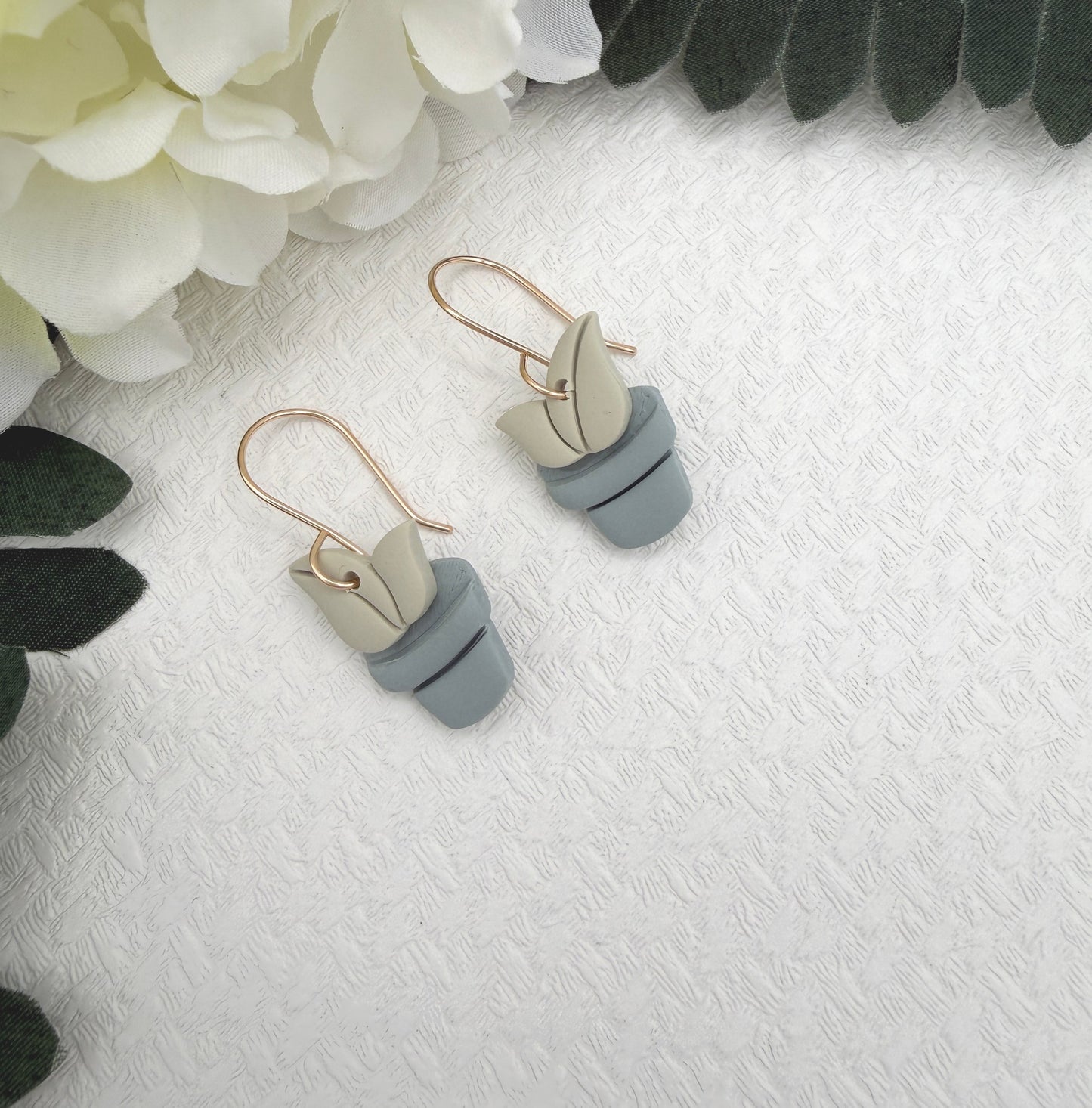 Earrings Made with Blue and Green Polymer Clay Shaped into Potted Plants PCE-1045