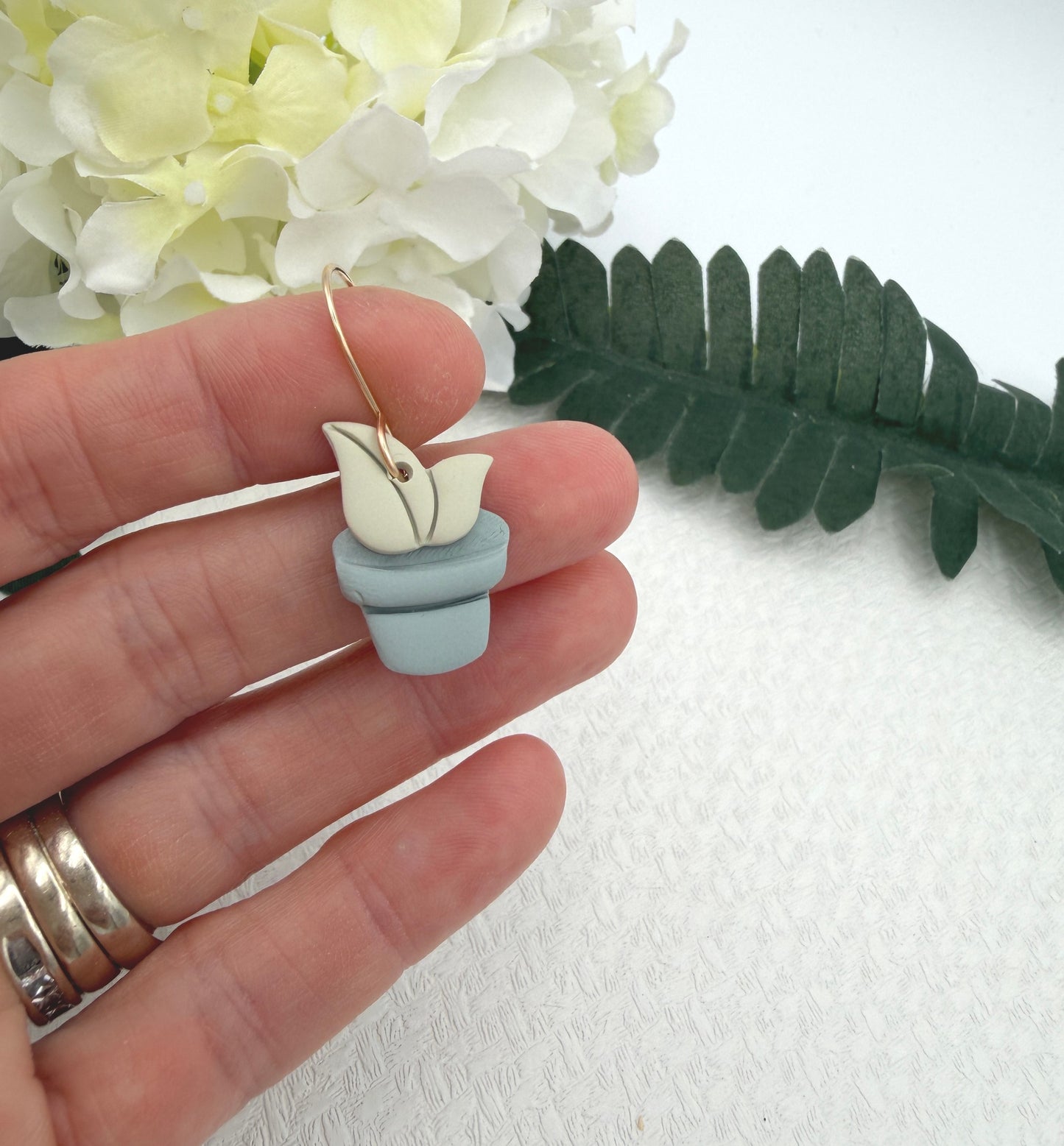 Earrings Made with Blue and Green Polymer Clay Shaped into Potted Plants PCE-1045